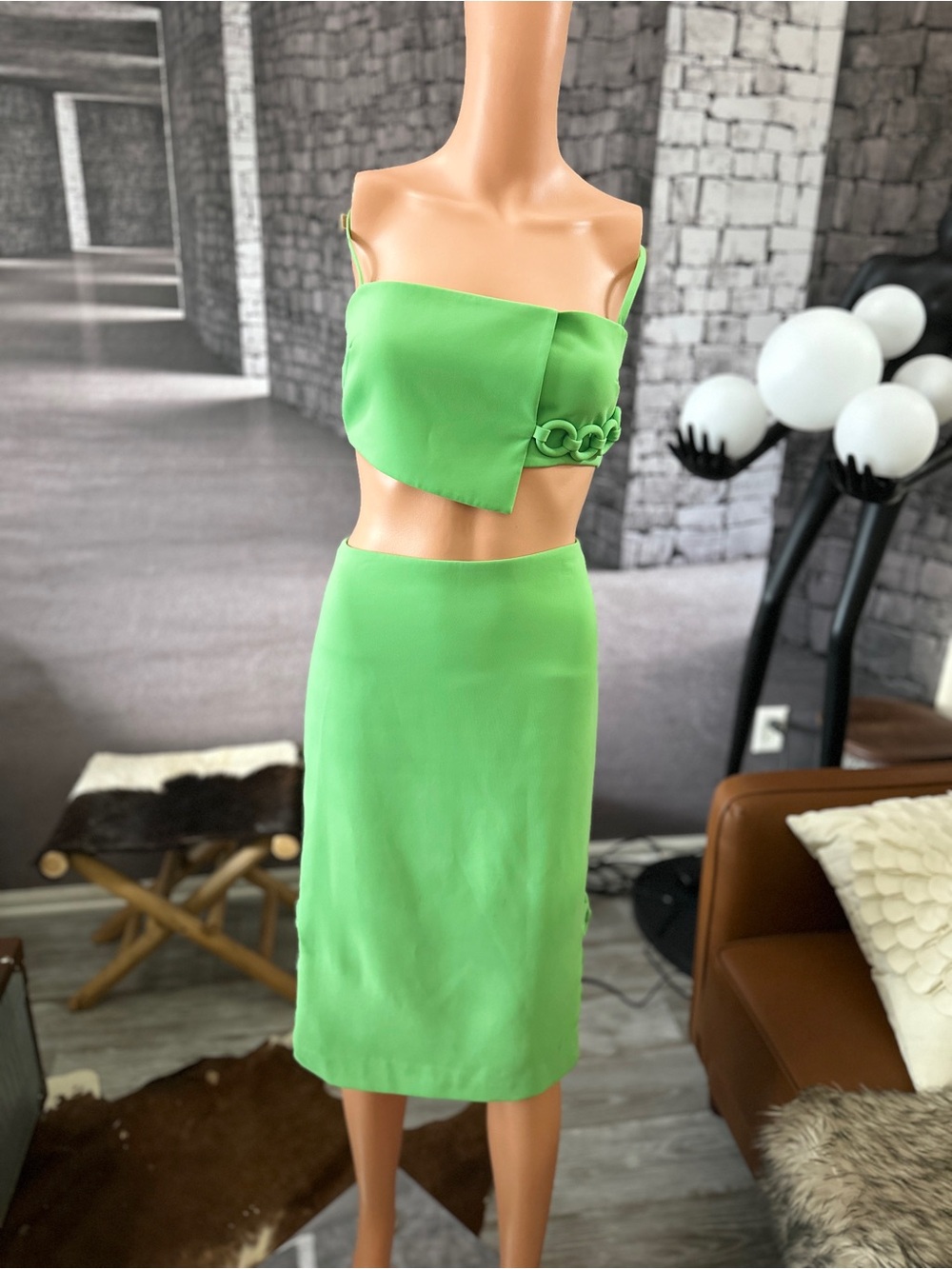 Women's Alexis 2 Pc Lime Green Skirt and Crop Top Set